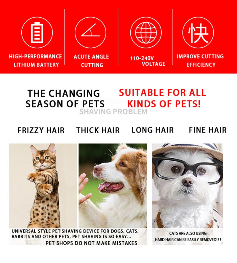 Advertisement for a pet grooming device with features and images of pets.