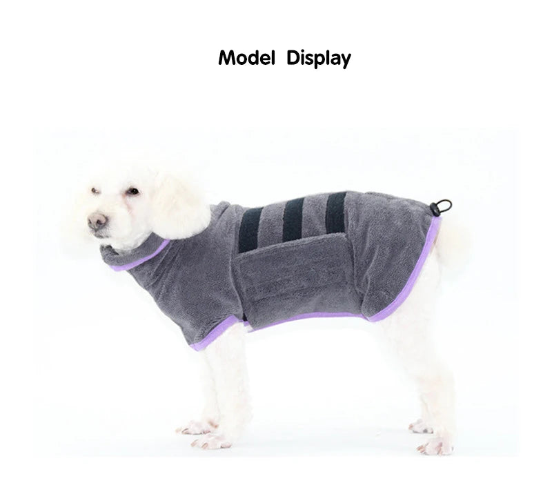 Dog wearing a gray and purple fleece coat on a white background