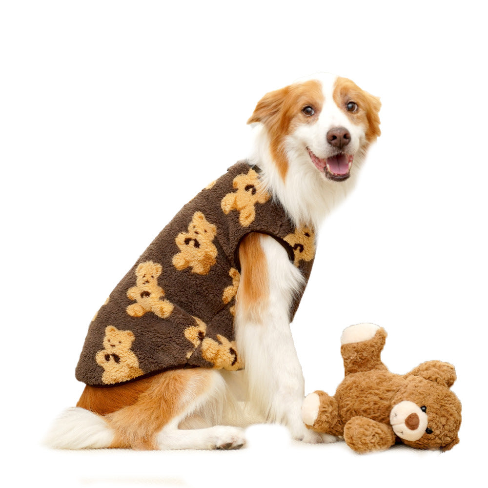 Dog wearing a brown sweater with teddy bear patterns, sitting next to a plush teddy bear on a white background.