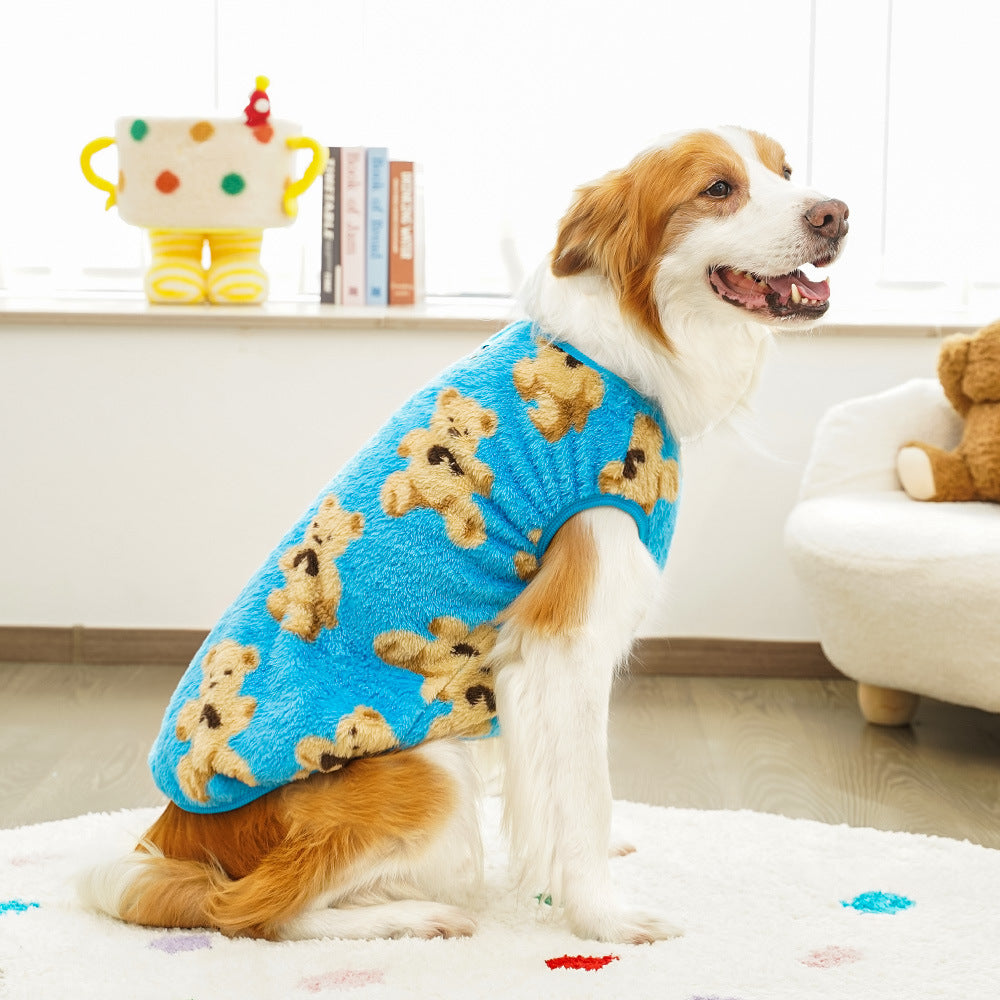 Dog wearing a blue sweater with teddy bear pattern in a home setting