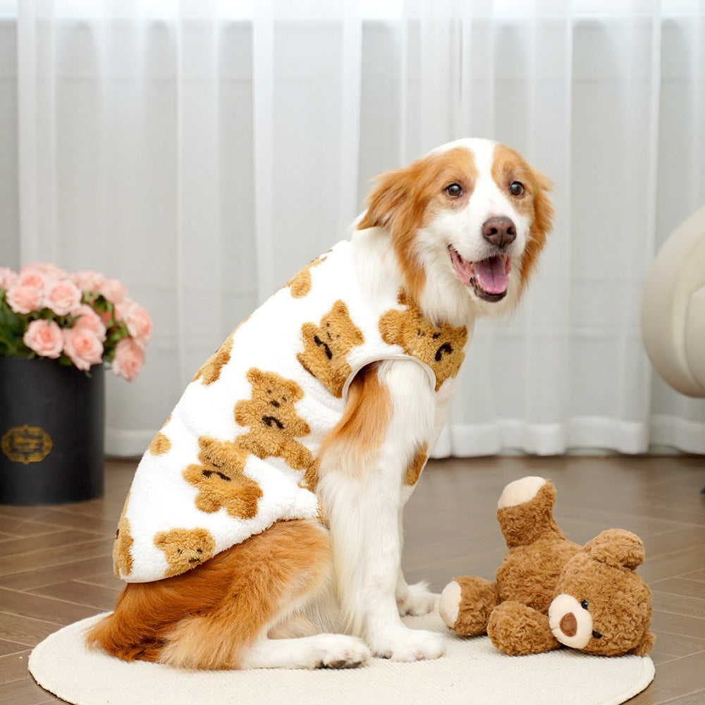 Dog wearing a teddy bear-patterned sweater sitting on a wooden floor with a teddy bear toy.