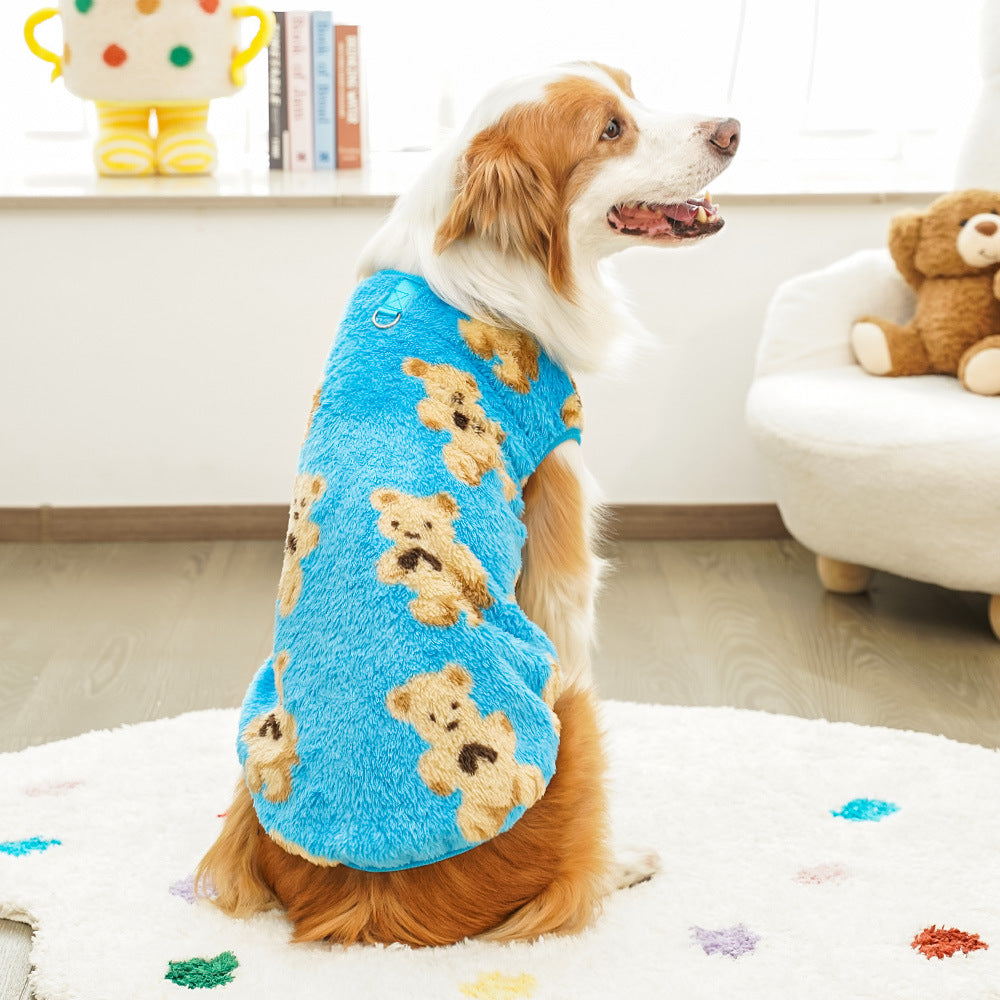 Dog wearing a blue sweater with teddy bear patterns, sitting on a white surface.