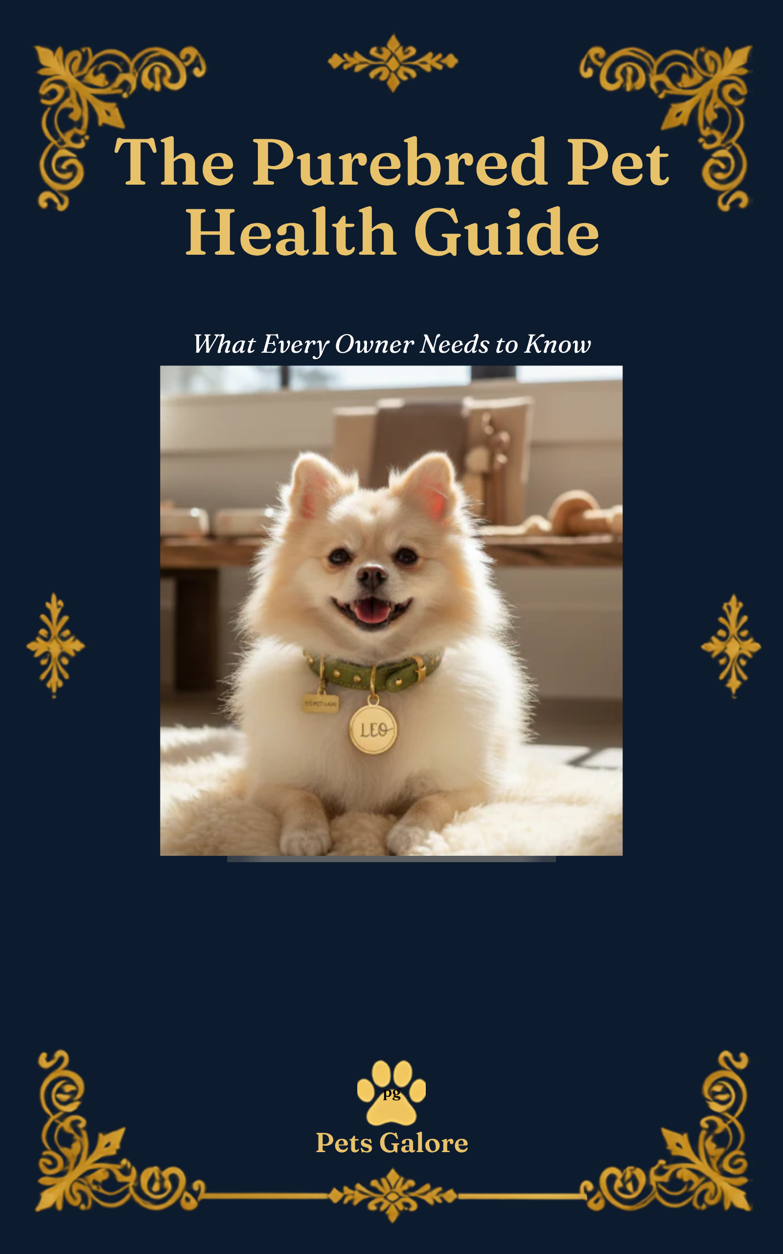 Book cover for 'The Purebred Pet Health Guide' by Pets Galore, featuring a fluffy cream Pomeranian dog on a navy blue background with ornate gold decorative borders and text.