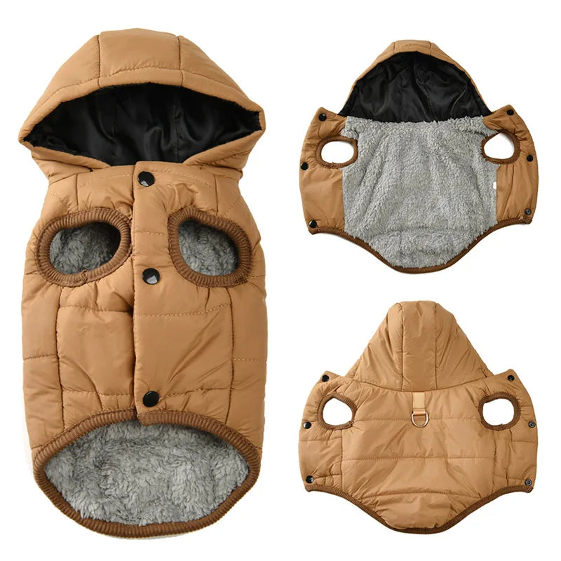 Brown quilted dog coat with gray lining on a white background