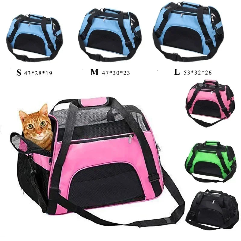 Pet carrier with size specifications and color options on a white background