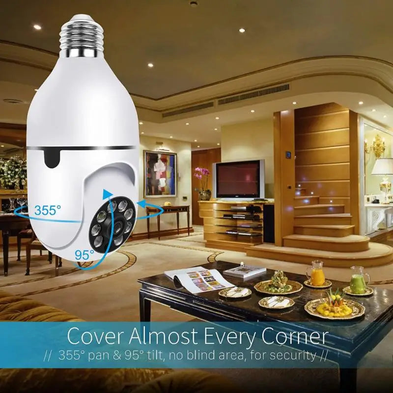 Light bulb-shaped security camera with a living room background