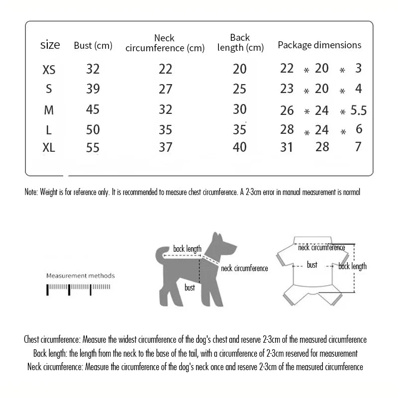 Size chart for dog products with measurements and package dimensions.