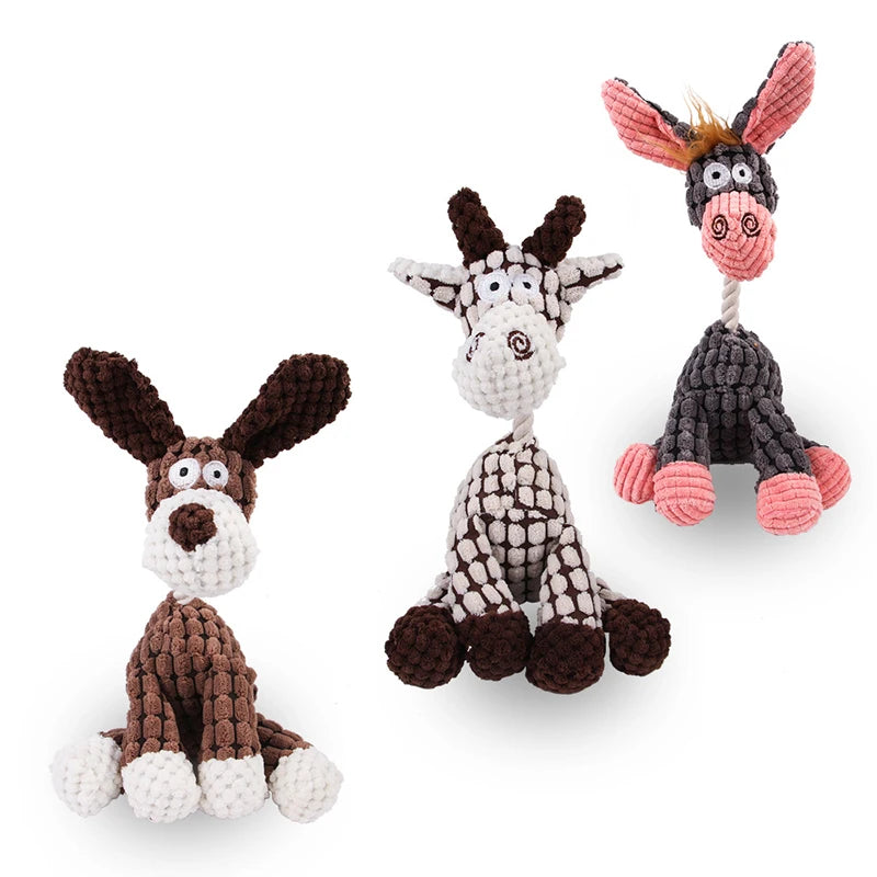 Three crochet donkey toys on a white background