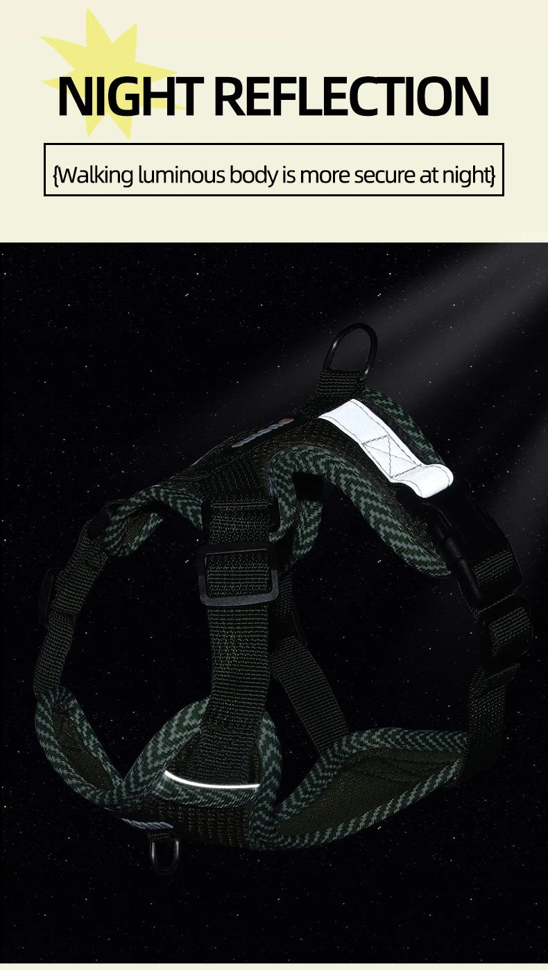 Dog harness with reflective strip on a black background, featuring text about night reflection.