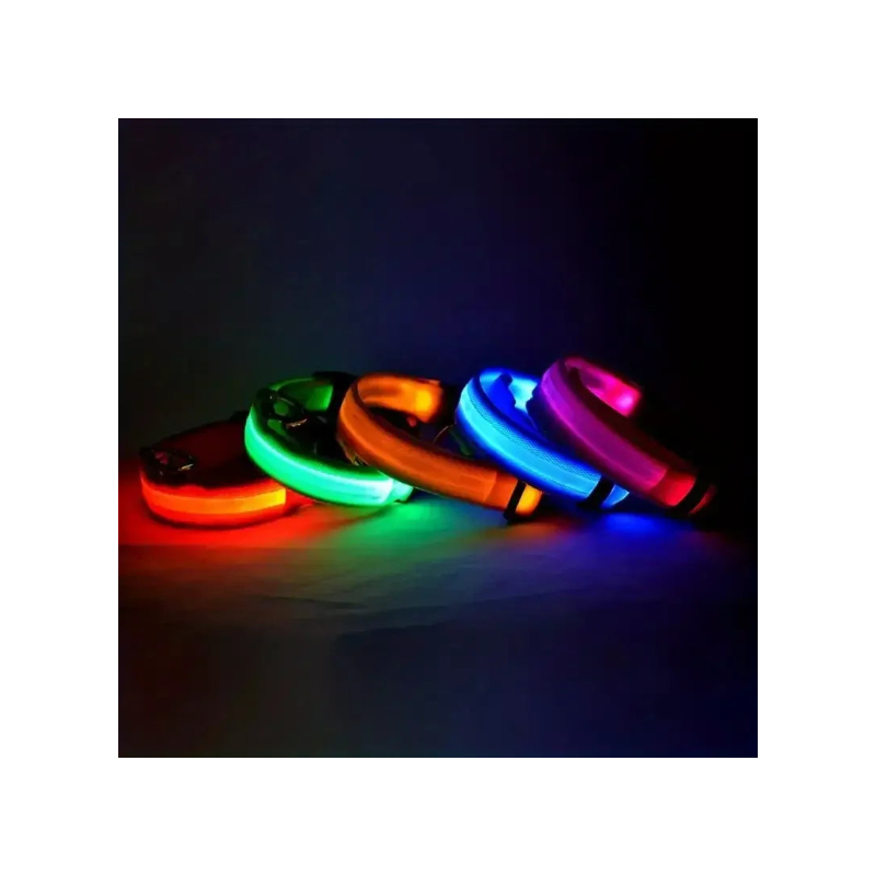Four colorful LED dog collars on a dark background