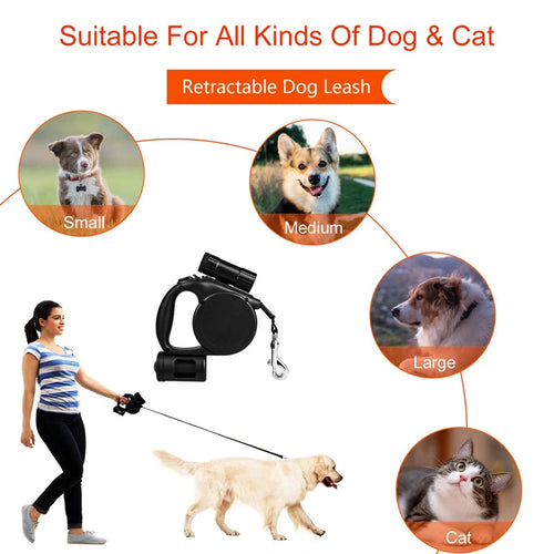 Retractable dog leash suitable for small, medium, and large dogs, as well as cats, with a woman walking a dog.