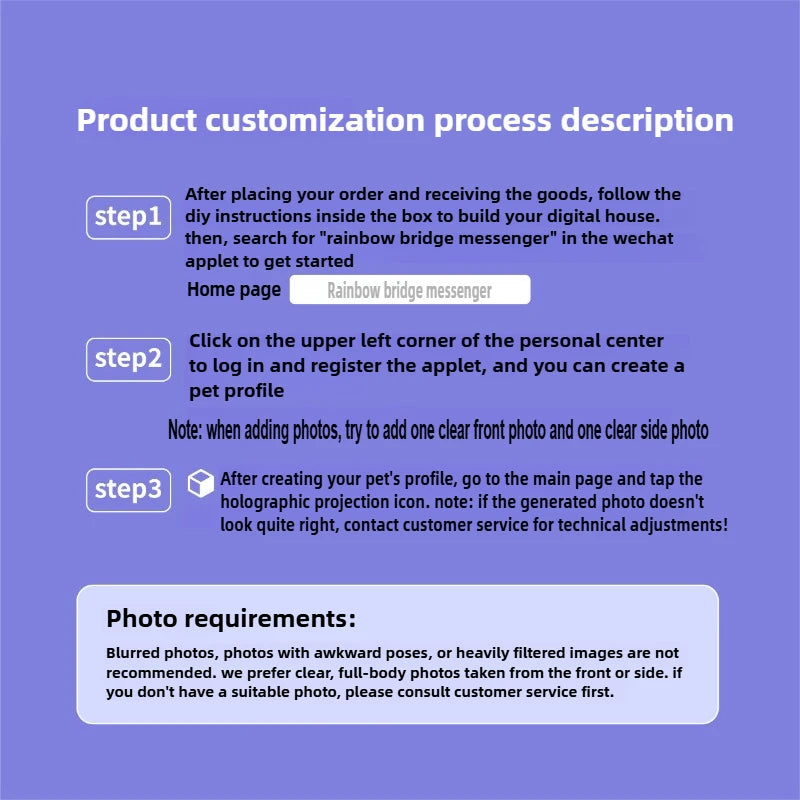 Instructions for product customization process on a blue background