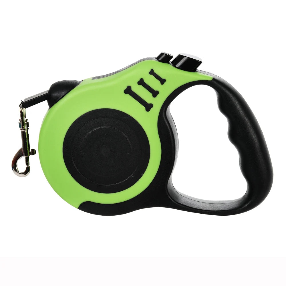 Green and black retractable dog leash on a white background