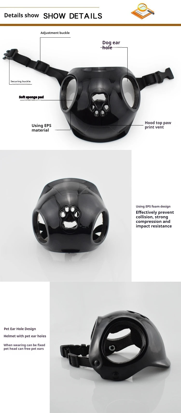 Black pet muzzle with labeled features on a white background