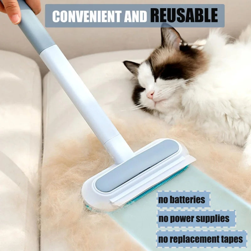 Cat lying on a couch next to a cleaning tool with text 'Convenient and reusable' and 'no batteries, no power supplies, no replacement tapes'.