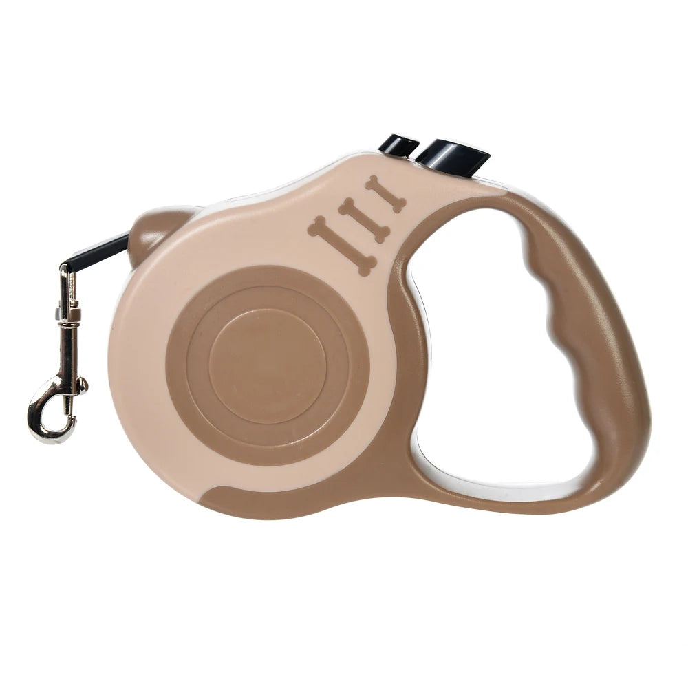 Beige retractable dog leash on a white background