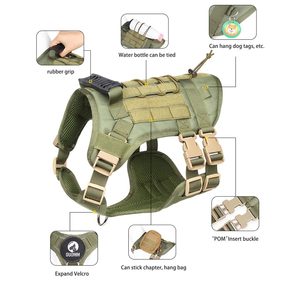 Green tactical dog harness with various features highlighted on a white background
