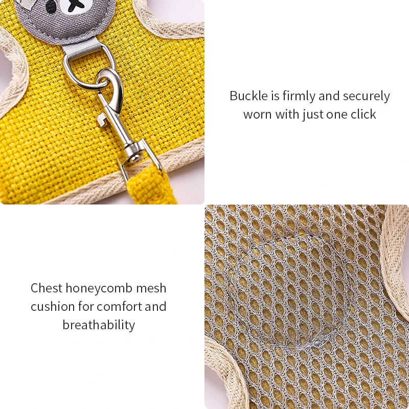 Yellow pet harness with a buckle and honeycomb mesh cushion on a white background