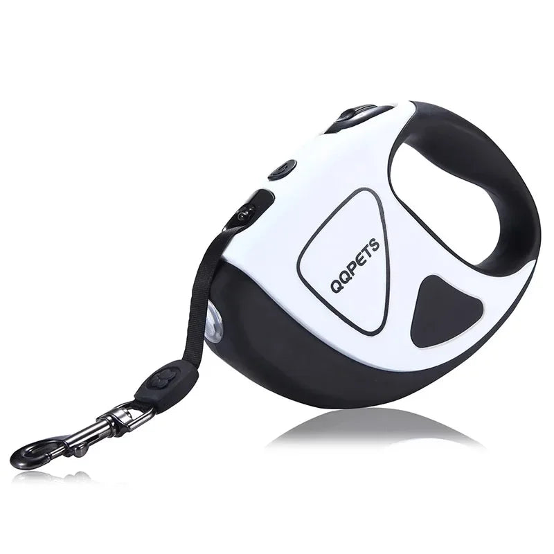 Retractable dog leash with black and white design on a white background