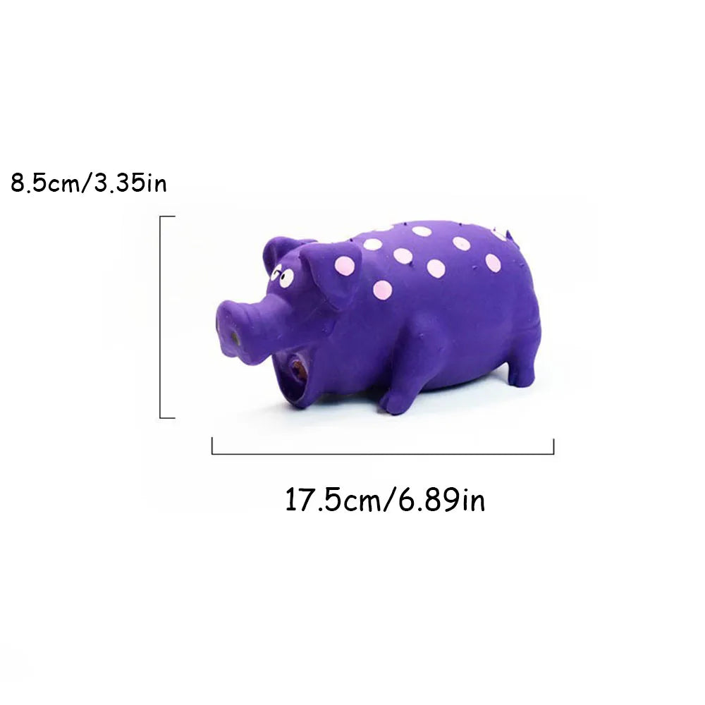 Purple hippo toy with measurements on a white background