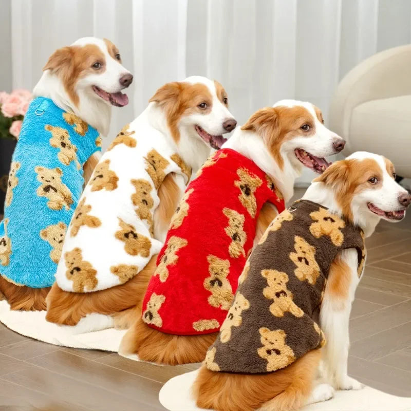 Four dogs wearing colorful sweaters with teddy bear patterns on a wooden floor.