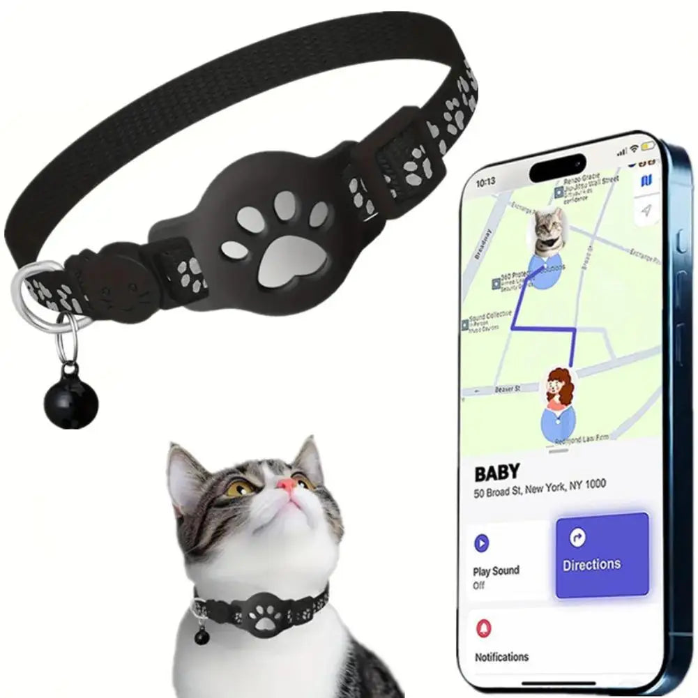 Cat collar with paw design next to a smartphone displaying a pet tracking app.