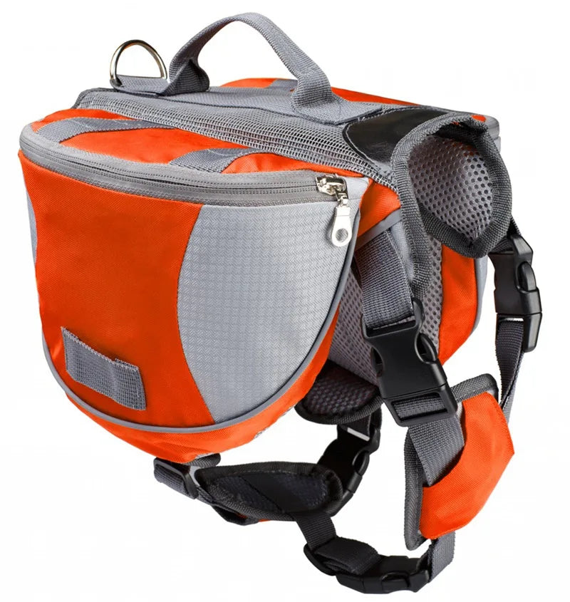 Orange and gray dog side packs on a white background