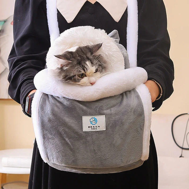 Cat in a gray pet carrier held by a person with a blurred background