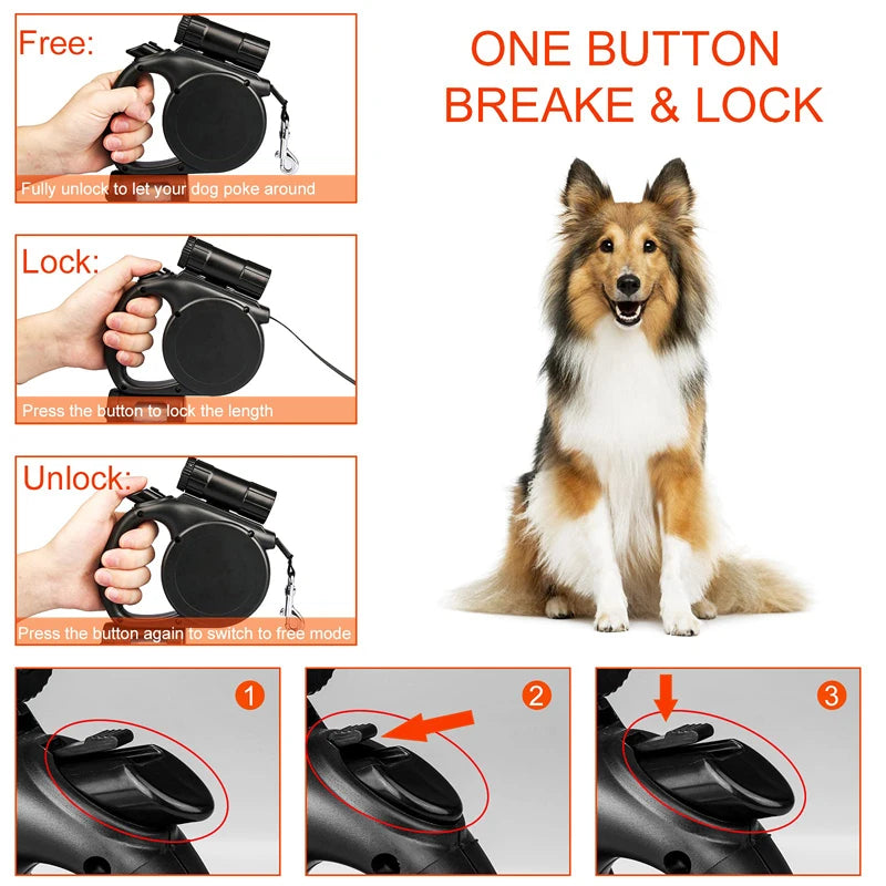 description of leash locking and unlocking feature with happy dog smiling