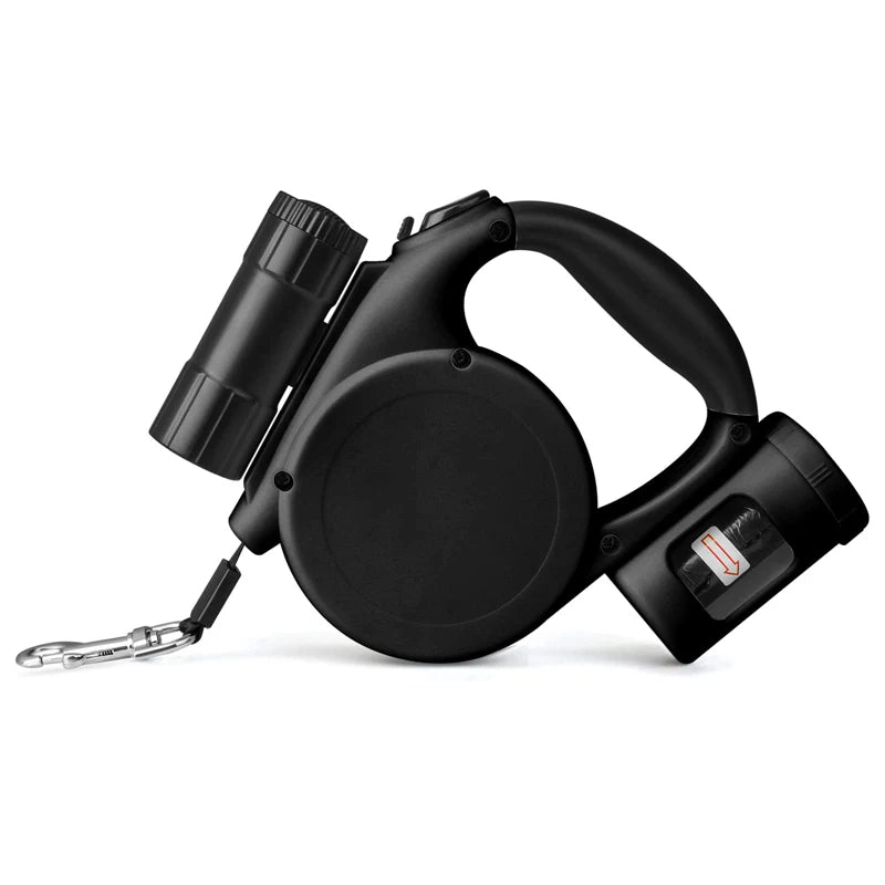 Black retractable dog leash on a white background