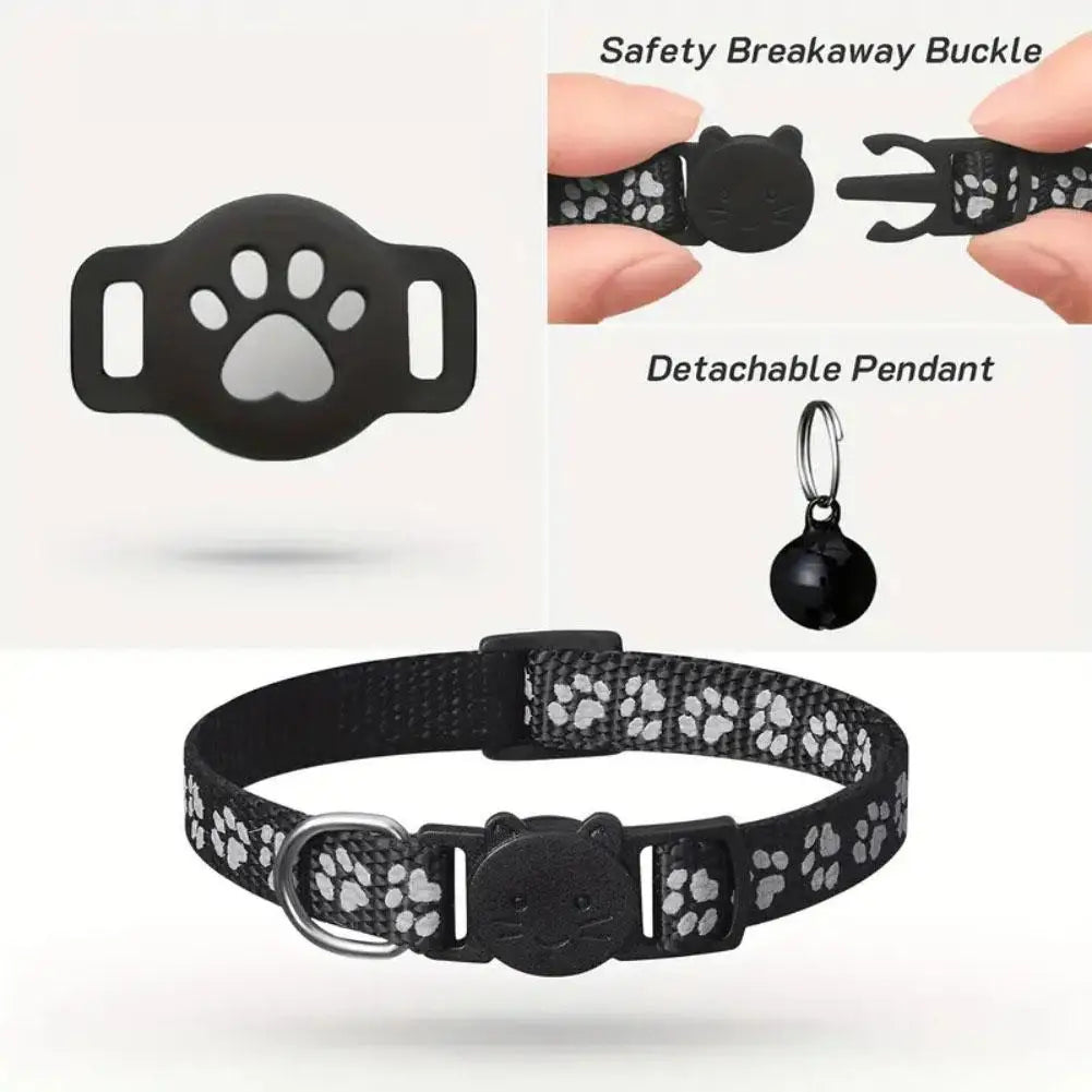 Black pet collar with safety breakaway buckle and detachable pendant on a white background
