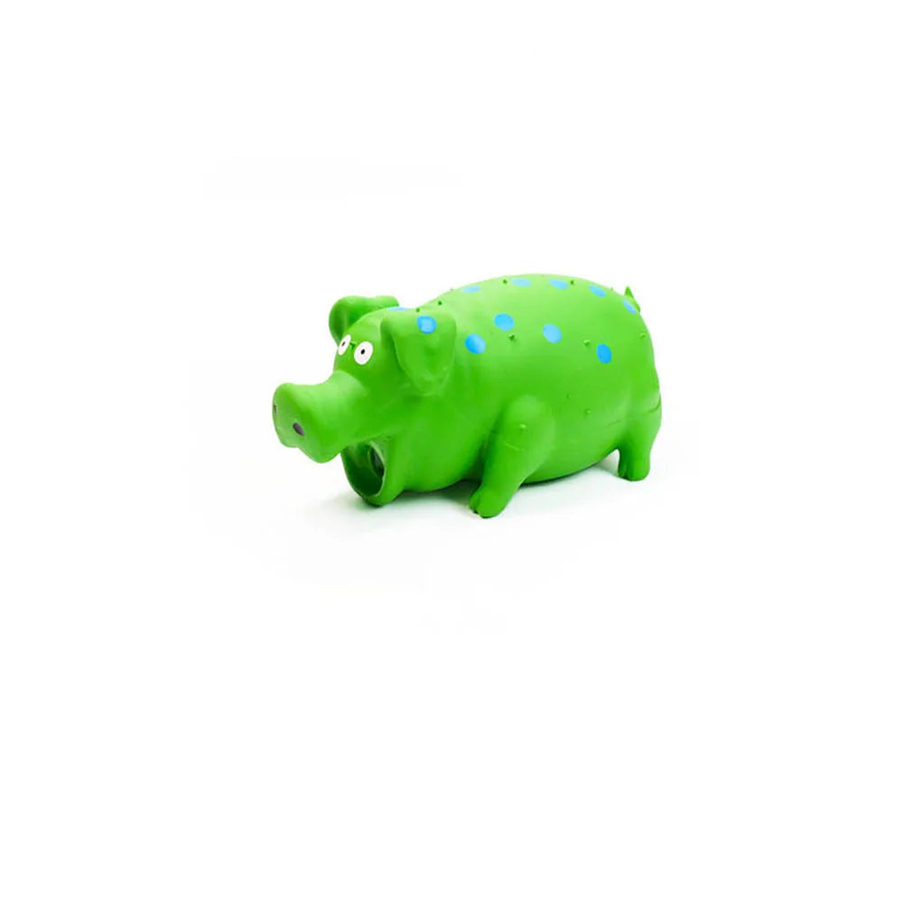 Green hippo-shaped object with blue spots on a white background