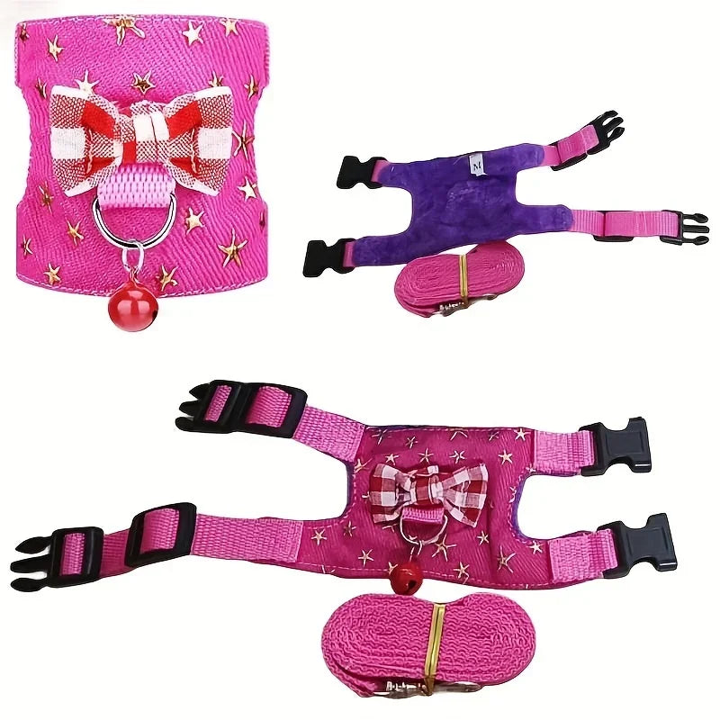 Pink small harness with bow and red ball, purple and pink leashes on a white background
