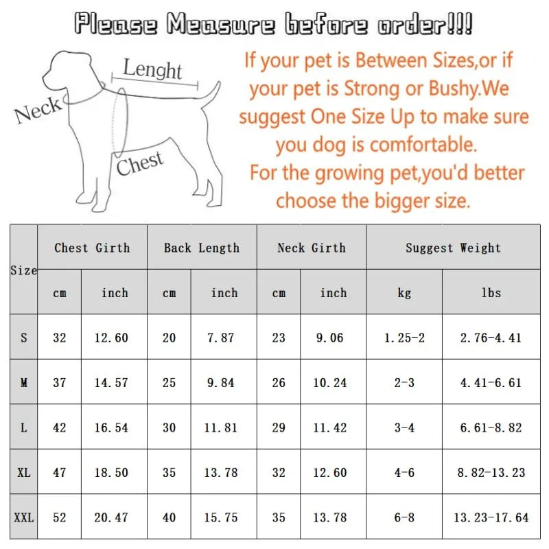 Dog measurement chart with instructions and size guide for pet clothing or gear.