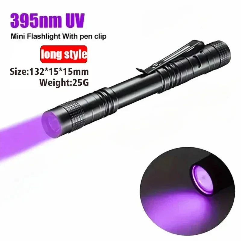395nm UV mini flashlight with pen clip on a white background