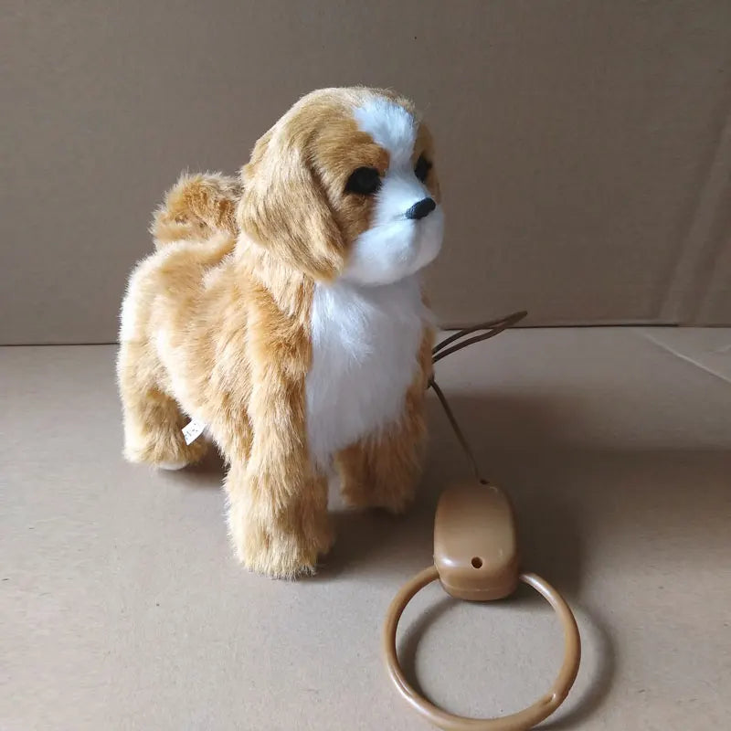 Plush dog toy with a remote ring on a neutral background