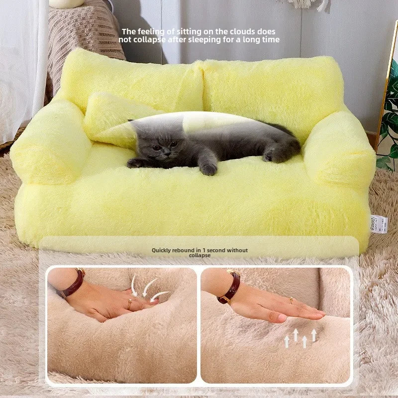Yellow pet bed with a cat lying on it, surrounded by text and additional images showing the product's bounce feature.
