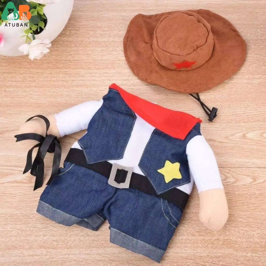 Dog costume with vest and hat on a wooden surface, featuring a brand logo.