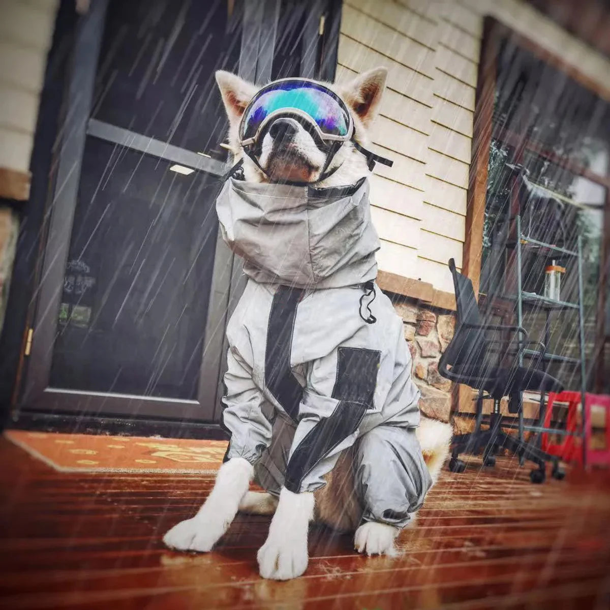 Dog wearing a raincoat and goggles sitting on a wooden floor during rain.