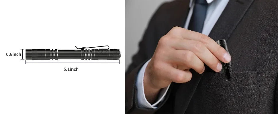 Black pen with measurements and a person putting it in their pocket.