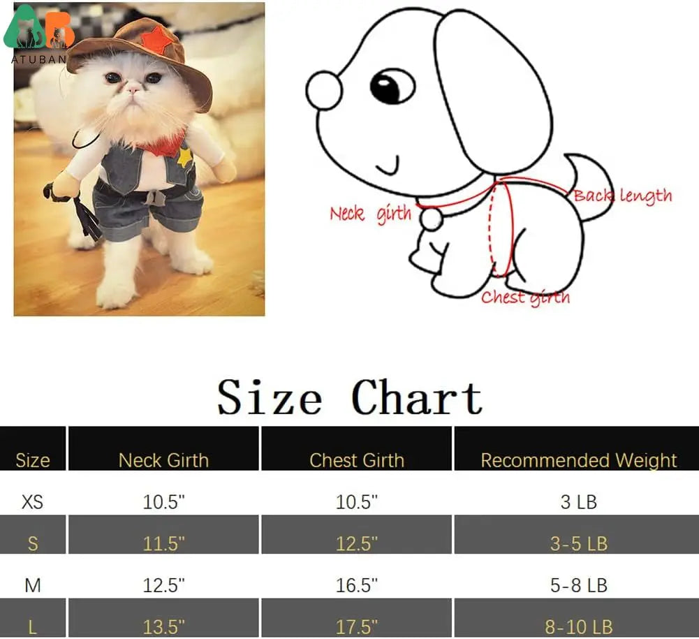 Size chart for pet clothing with a cat in a costume and measurement guide.