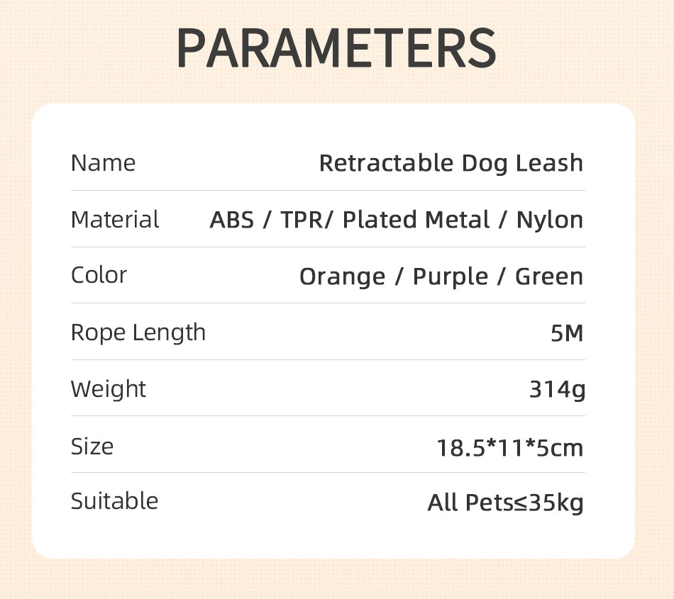 Product details of a retractable dog leash on a beige background