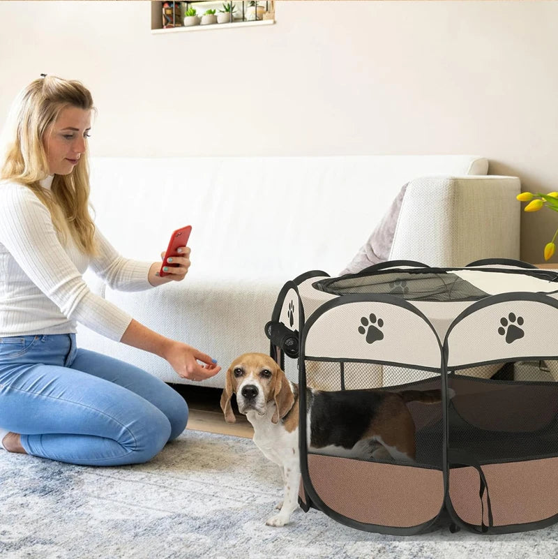 Woman taking a photo of a dog inside a pet playpen in a living room.