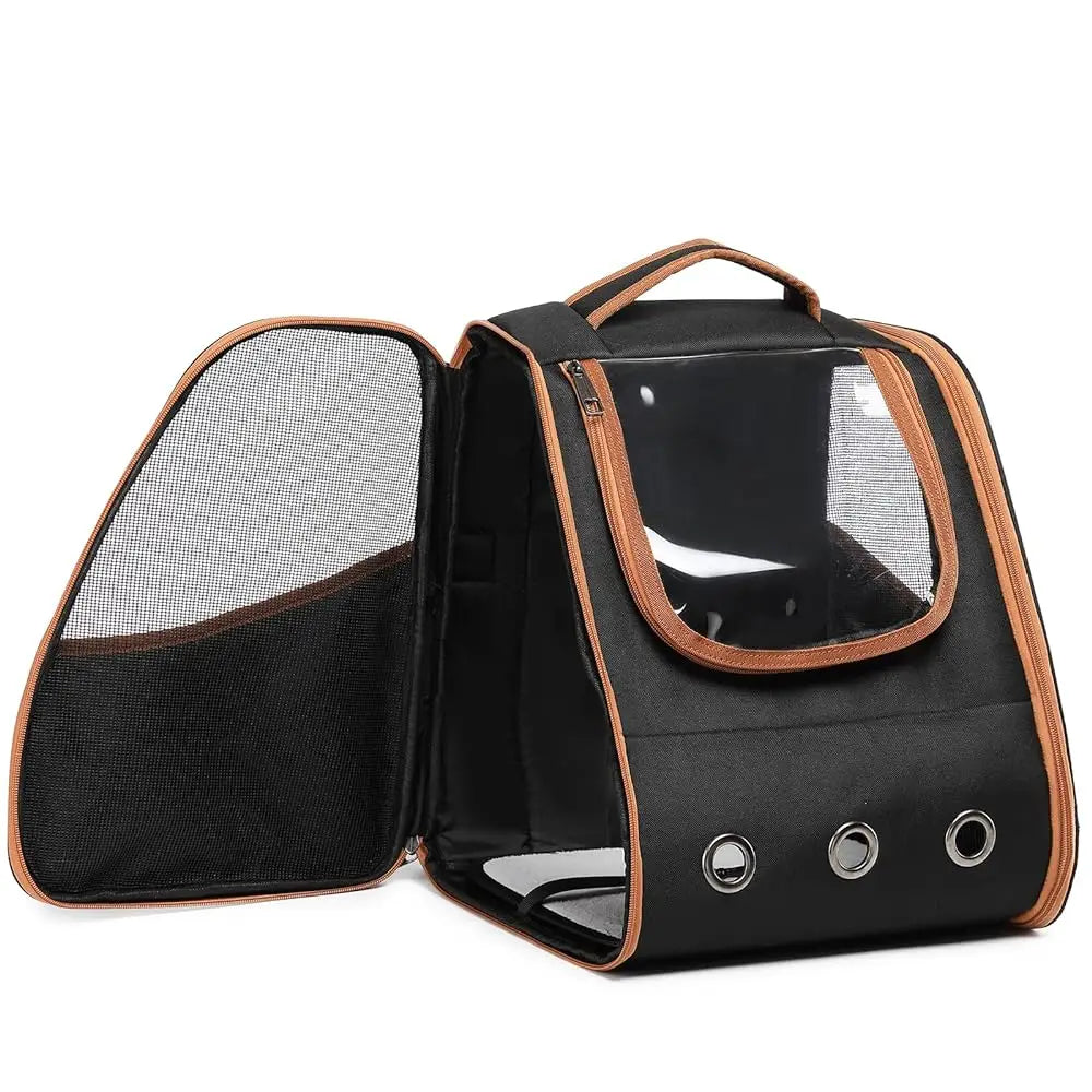 Black pet carrier with brown accents on a white background