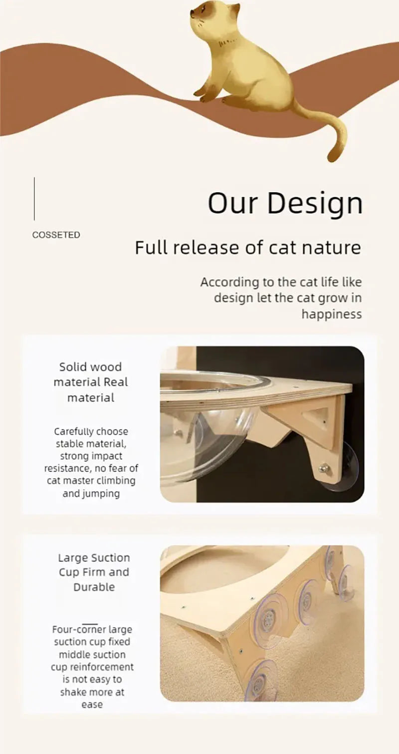 Product description of a wooden cat toy with text on a white background