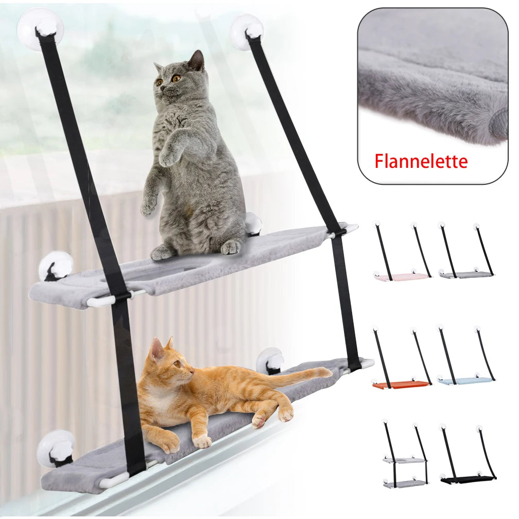 Cat window perch with two cats on it, featuring Flannelette material.