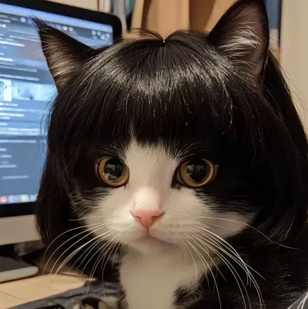 Cat with a black wig on its head in front of a computer screen