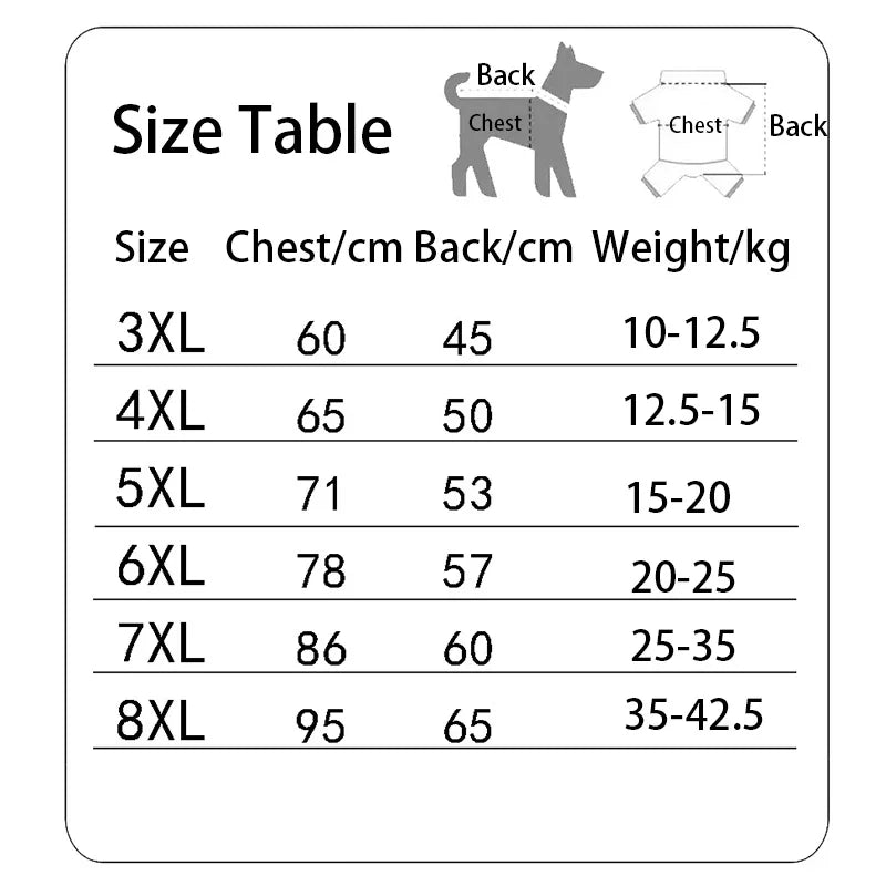 Size chart for dog coats with measurements in centimeters and weight range in kilograms.