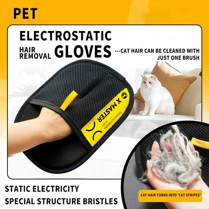 Pet electrostatic hair removal gloves with Xuster branding, showing cat hair being collected.