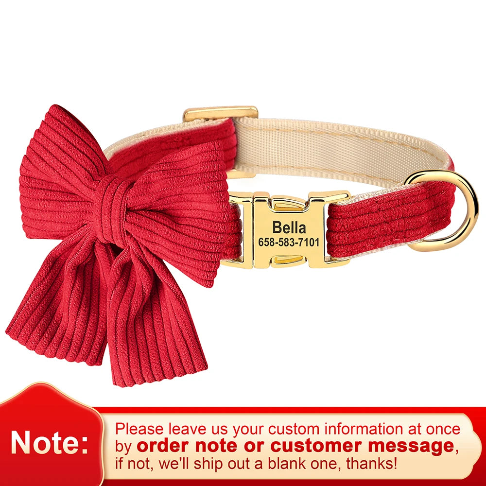 Dog collar with a large red bow and gold nameplate on a white background